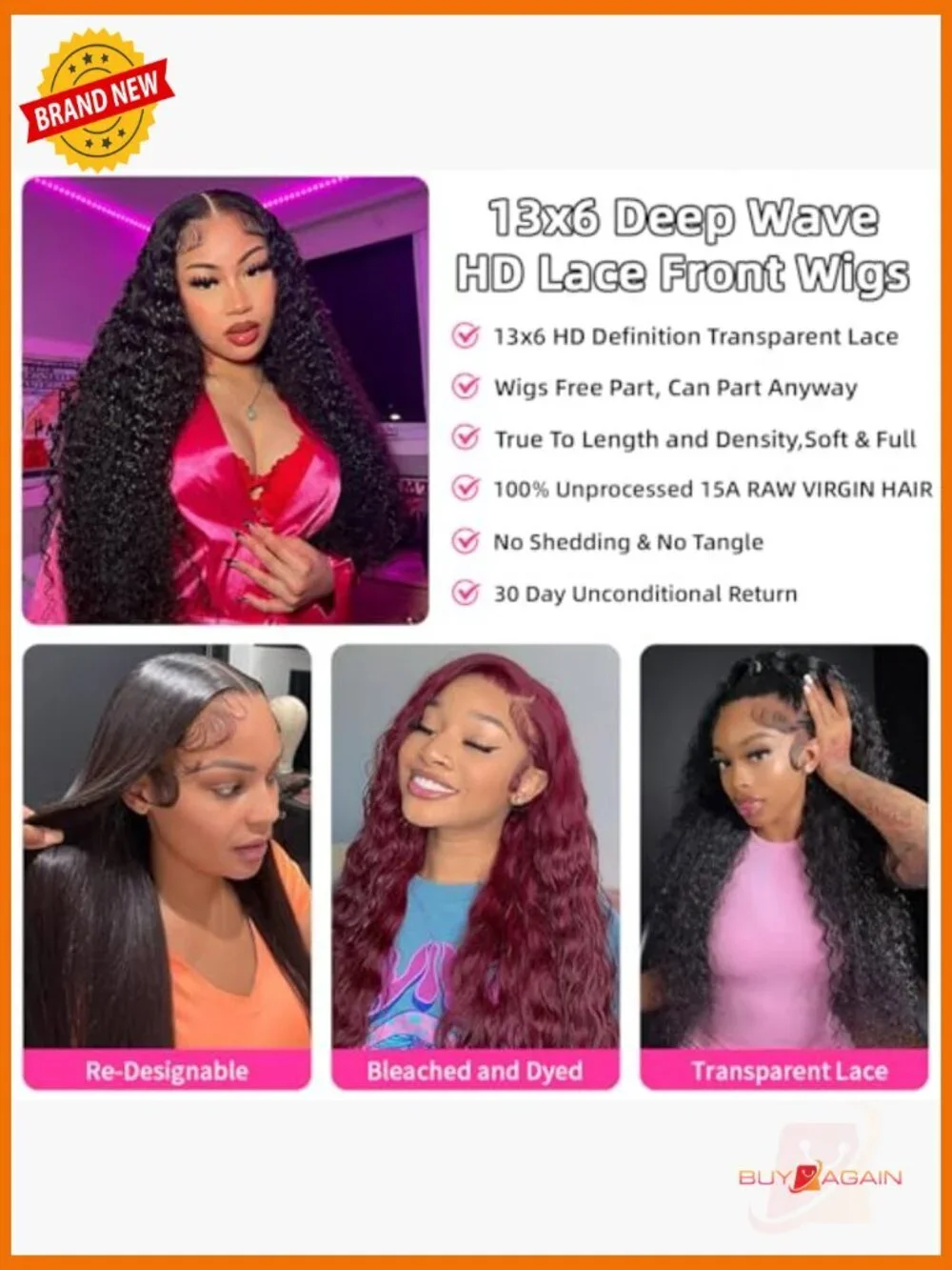 Deep Wave Lace Front Wig 13x6 HD 250 Density 100% Human Hair Full Head